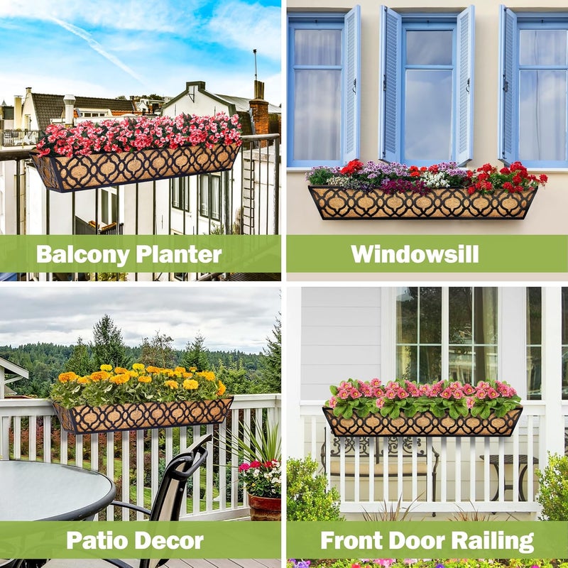 YM 30 inch Window Planter Box 2Pcs Iron Window Deck Railing Planter with Coco Liner, Metal Horse Troughs Fence Planter for Outdoor Balcony Rail Fence Porch Patio - Image 5